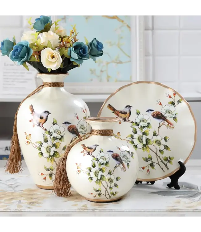 Chinese Porcelain Decorative Vase and Plate White Birds Handmade Set/3