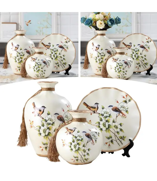 Chinese Porcelain Decorative Vase and Plate White Birds Handmade Set/3