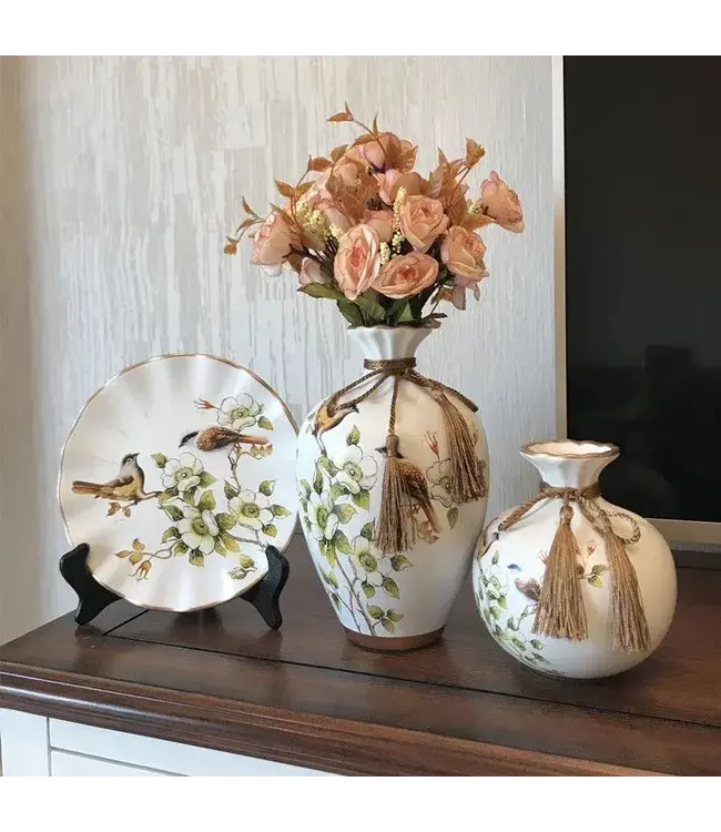 Porcelaine Chinoise Vase Décoratif et Assiette Blanc Oiseaux Fait Main Ensemble/3