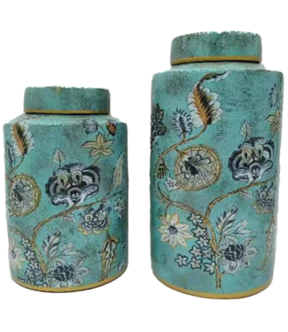 Fine Asianliving Pot à Gingembre Chinois Porcelaine Turquoise avec Accent Doré Fleurs Fait Main D17xH33cm