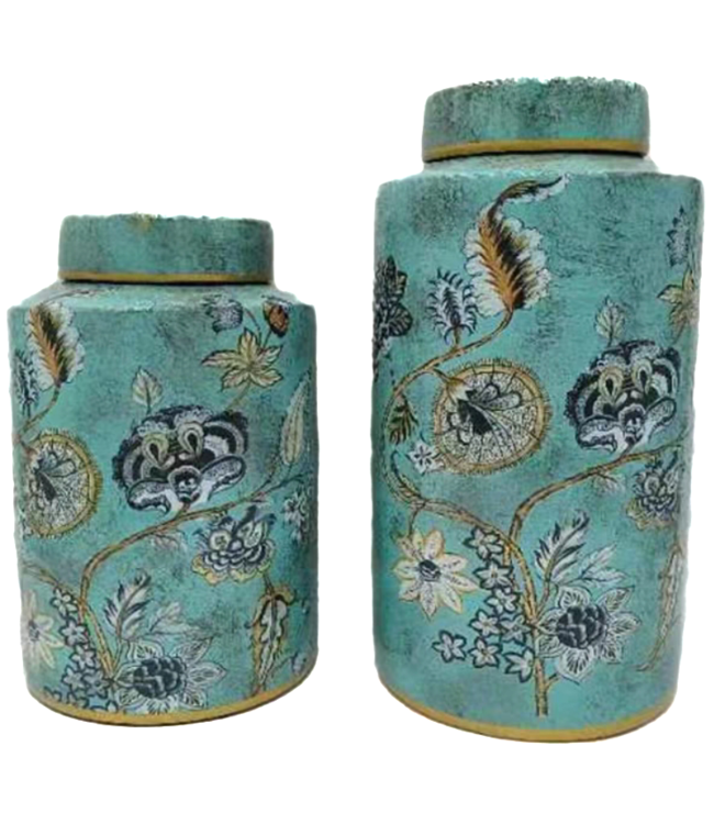 Pot à Gingembre Chinois Porcelaine Turquoise avec Accent Doré Fleurs Fait Main D17xH33cm