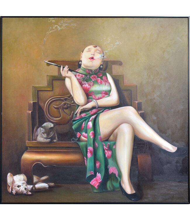 Pintura Al Óleo Cuadro Pintado a Mano Marco Negro 100x100cm Mujer China con Cigarro Qipao Verde