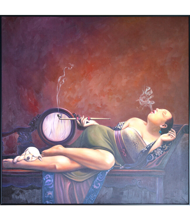 Peinture á l'Huile 100% Peint á La Main Cadre Noir 100x100cm Femme Chinoise avec Cigare Vert