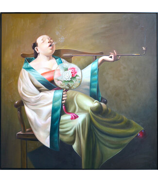 Fine Asianliving Peinture á l'Huile 100% Peint á La Main Cadre Noir 100x100cm Femme Chinoise avec Cigare Hanfu