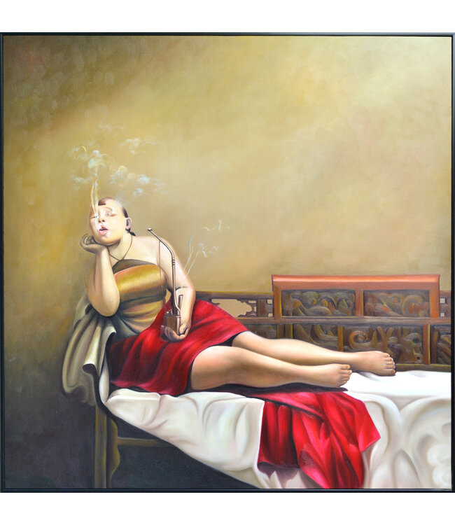 Peinture á l'Huile 100% Peint á La Main Cadre Noir 100x100cm Femme Chinoise avec Cigare Rouge