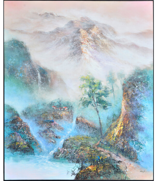 Pittura Ad Olio Dipinto a Mano Cornice Nero 150x180cm Montagne Del Paesaggio