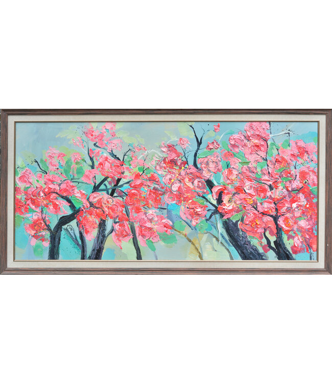 Oil Painting 100% Handpainted 3D Relief Effect Wooden Frame 70x150cm Pink Flowers