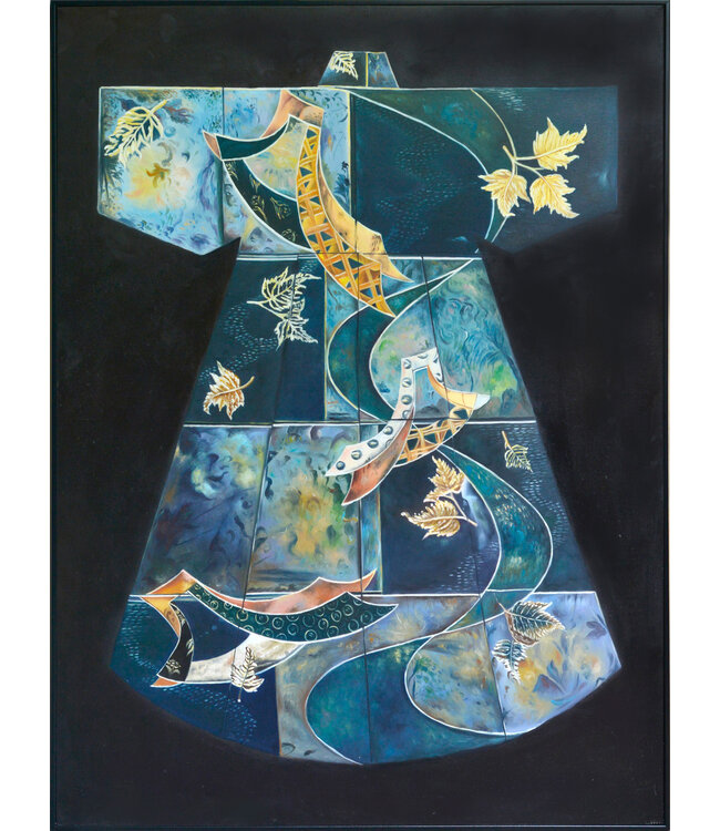 Peinture á l'Huile 100% Peint á La Main Cadre Noir 90x120cm Kimono Chinois Bleu