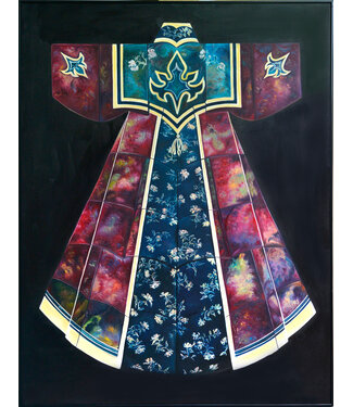 Fine Asianliving Pittura Ad Olio Dipinto a Mano Cornice Nero 90x120cm Kimono Cinese Rosso