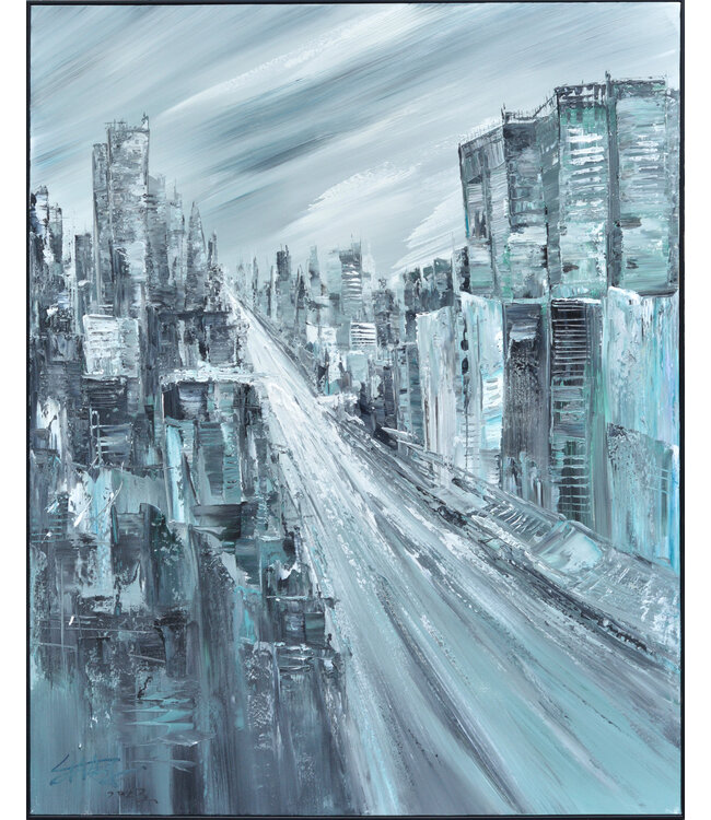 Peinture á l'Huile 100% Peint á La Main 3D Effect Relief Cadre Noir 120x150cm Ville Bleu