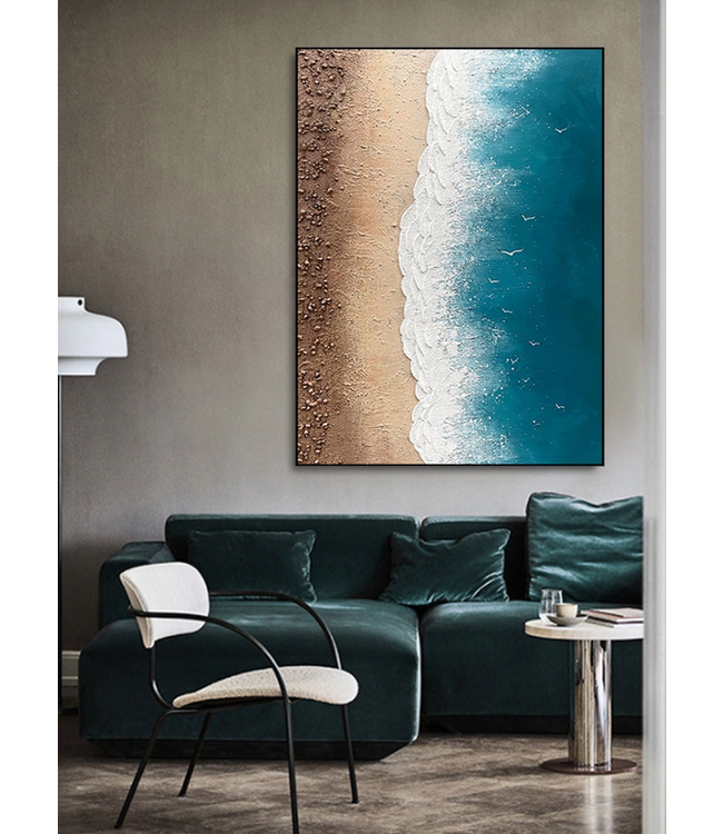 Ölgemälde 100% Handgemalt 3D Texture Rahmen Schwarz 90x120cm Strand mit Echten Steinen