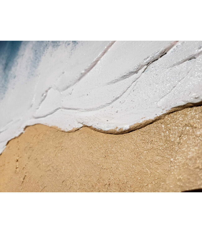 Pintura Al Óleo Cuadro Pintado a Mano 3D Efecto Relieve Marco Negro 90x120cm Playa con Piedras Reales