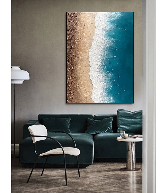 Olieverf Schilderij 100% Handgeschilderd 3D met Reliëf Effect en Zwarte Omlijsting 90x120cm Strand met Echte Stenen