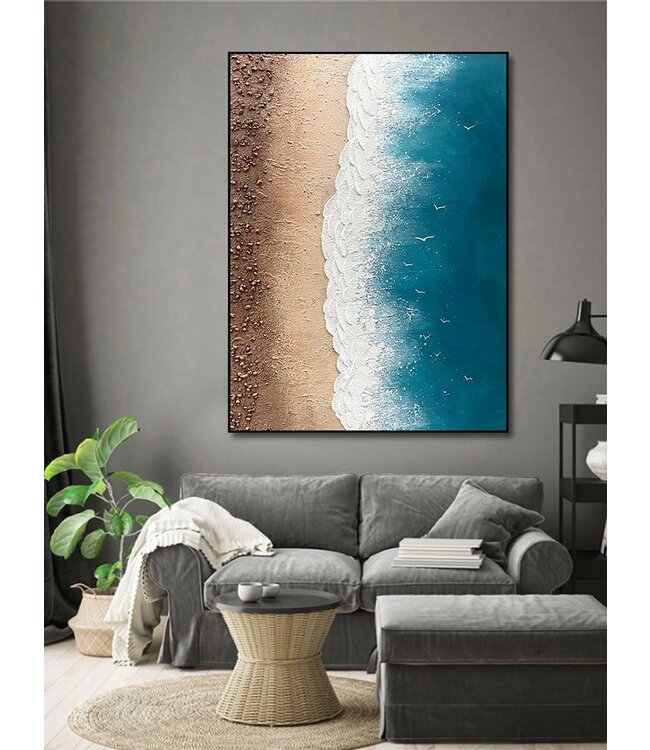 Peinture á l'Huile 100% Peinta á La Main 3D Effect Relief Cadre Noir 90x120cm Plage avec de Vraies Pierres