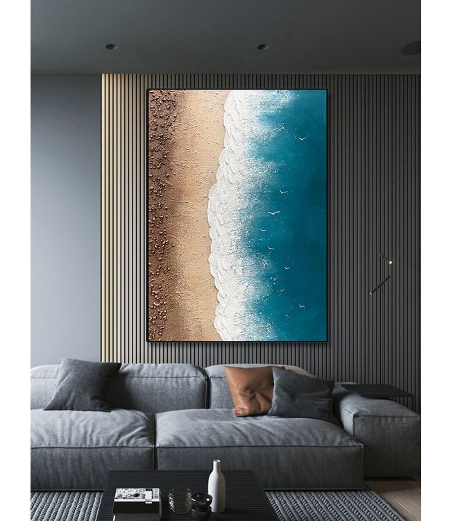 Ölgemälde 100% Handgemalt 3D Texture Rahmen Schwarz 90x120cm Strand mit Echten Steinen