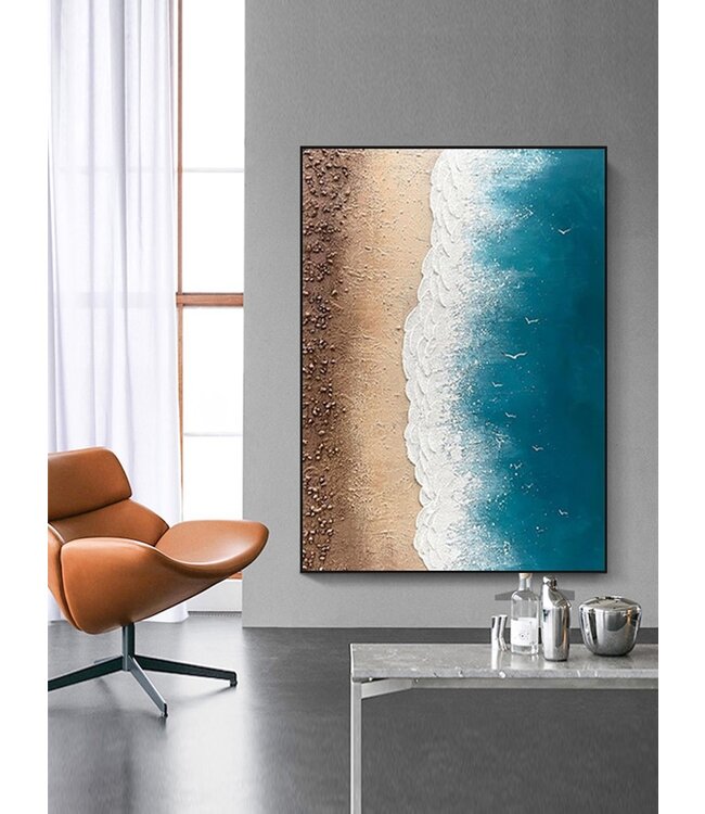 Pintura Al Óleo Cuadro Pintado a Mano 3D Efecto Relieve Marco Negro 90x120cm Playa con Piedras Reales