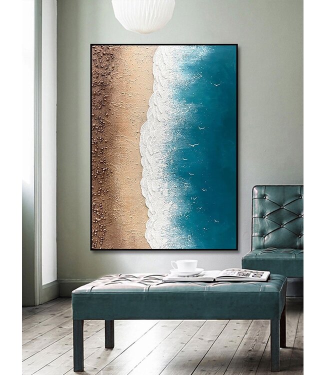 Oil Painting 100% Handpainted 3D Relief Effect Black Frame 90x120cm Beach with Real Stones