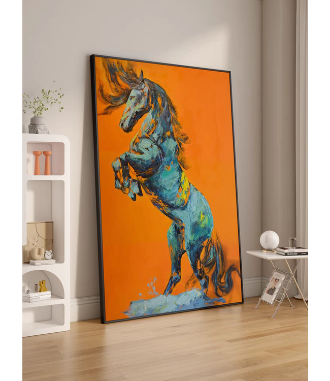 Pintura Al Óleo Cuadro Pintado a Mano 3D Efecto Relieve Marco Negro 100x150cm Caballo Naranja