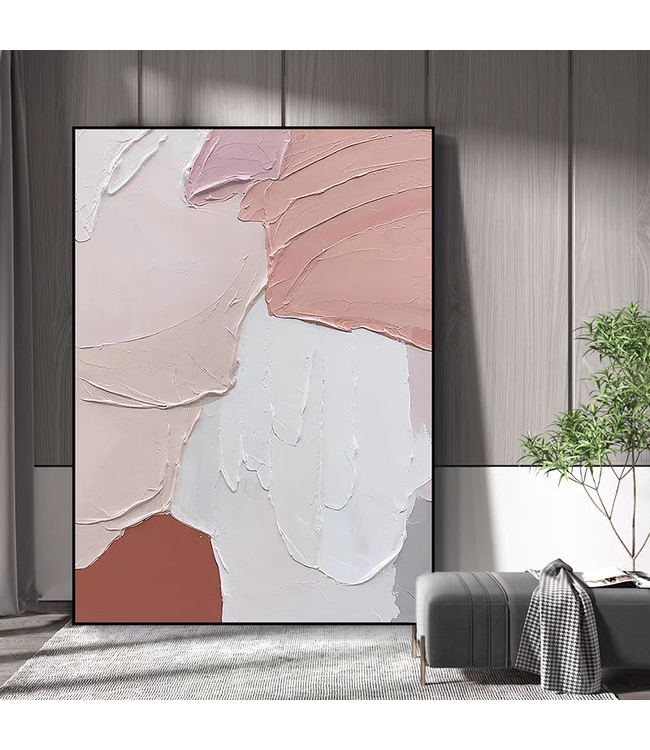 Peinture á l'Huile 100% Peint á La Main 3D Effect Relief Cadre Noir 90x120cm Art Abstrait Rose