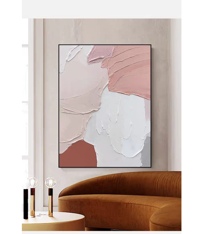 Olieverf Schilderij 100% Handgeschilderd 3D met Reliëf Effect en Zwarte Omlijsting 90x120cm Abstracte Kunst Roze