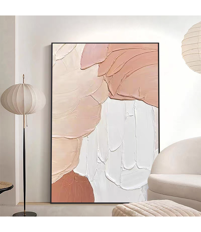 Olieverf Schilderij 100% Handgeschilderd 3D met Reliëf Effect en Zwarte Omlijsting 90x120cm Abstracte Kunst Roze