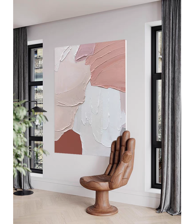 Olieverf Schilderij 100% Handgeschilderd 3D met Reliëf Effect en Zwarte Omlijsting 90x120cm Abstracte Kunst Roze