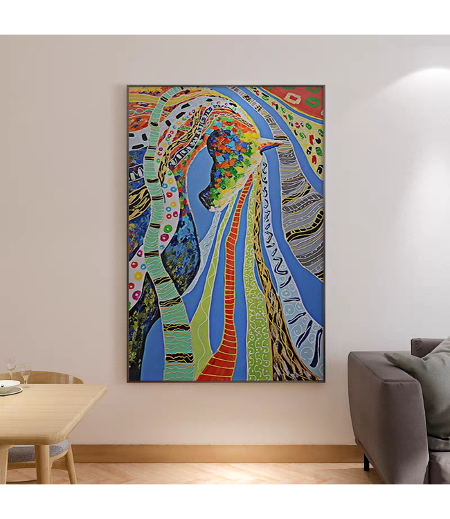 Olieverf Schilderij 100% Handgeschilderd 3D met Reliëf Effect en Zwarte Omlijsting 90x120cm Paard Multicolour