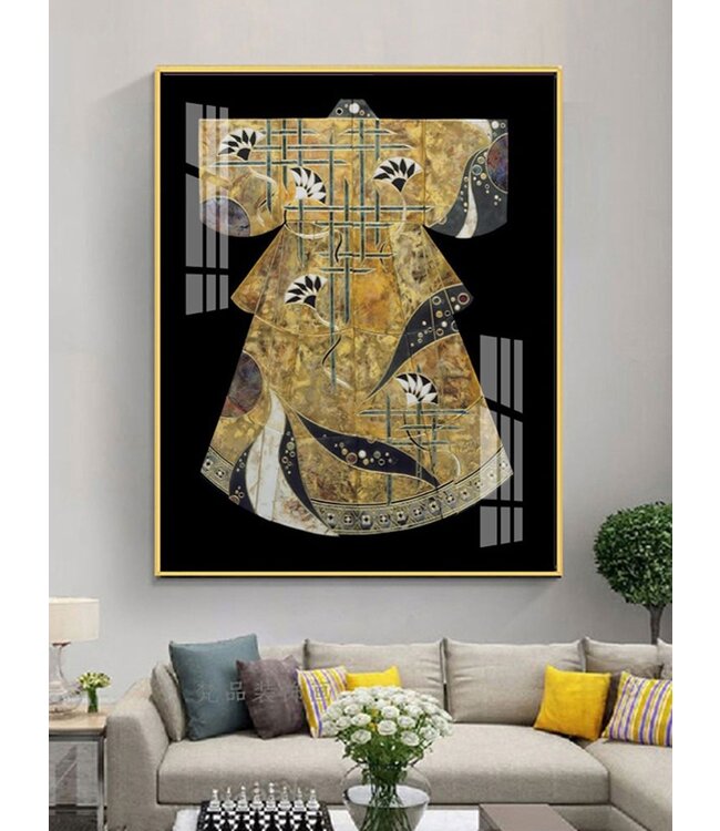 Pittura Ad Olio Dipinto a Mano Cornice Nero 90x120cm Kimono Cinese Giallo
