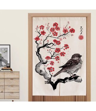 Fine Asianliving Noren Japoneses Caligrafía Pájaro en Árbol en Flor An80xAl130cm