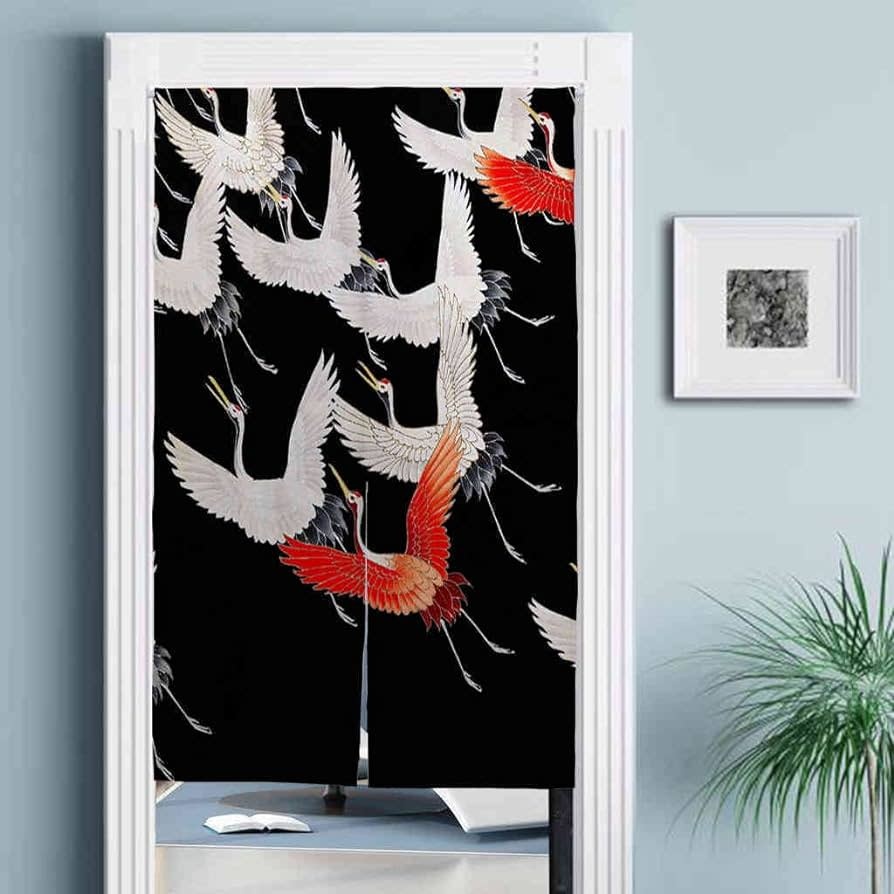 Japanese Noren Crane Door Curtain – Cotton Linen Room Divider 80x120cm