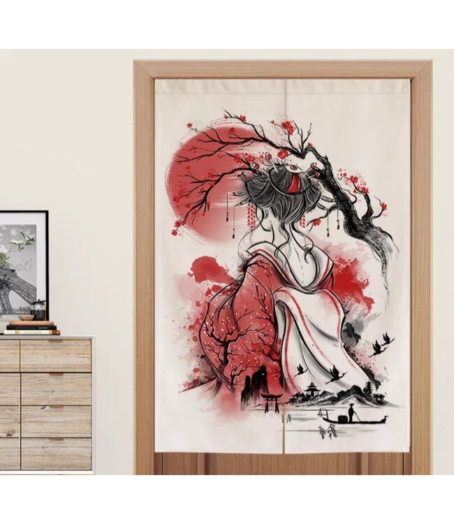 Noren Japonais Calligraphie Femme Japonaise en Kimono L80xH130cm