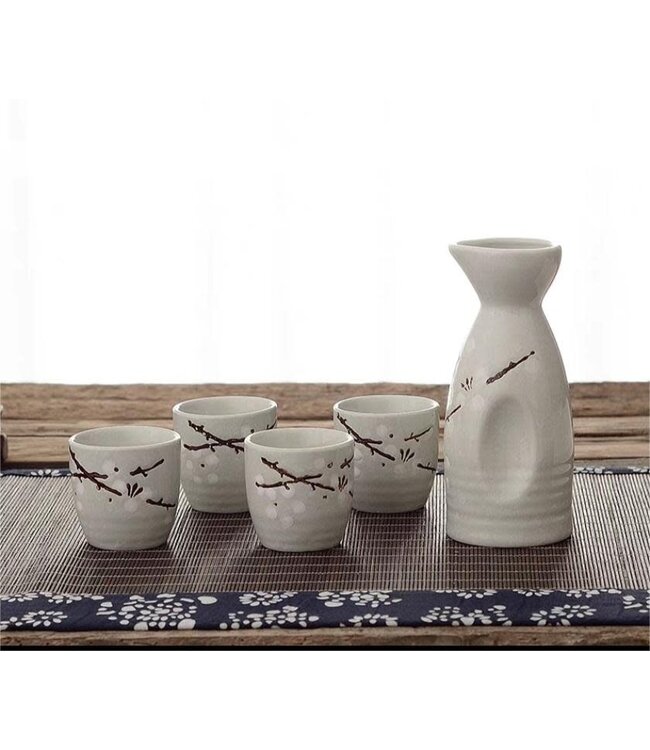 Sake Set Geschenkbox Weiß Blüten Handgemacht - Takashi Set/5