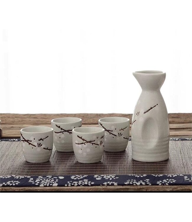 Sake Set in Confezione Regalo Bianco Fiori Fatto a Mano - Takashi Set/5