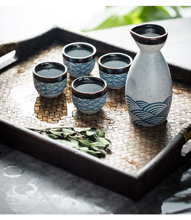 Sake Set Giftbox Blauw Golven Handgemaakt - Miyako Set/5