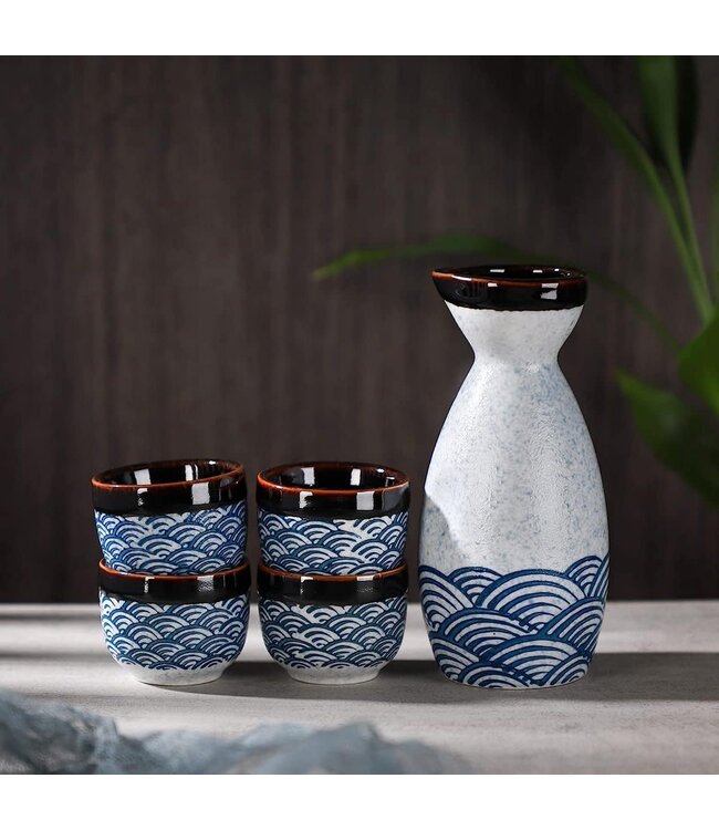 Sake Set Giftbox Blauw Golven Handgemaakt - Miyako Set/5