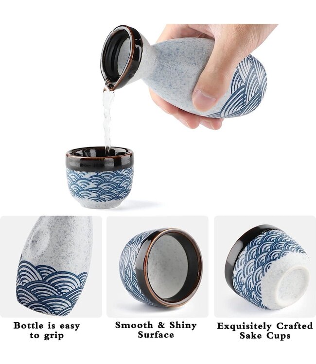 Sake Set Giftbox Blauw Golven Handgemaakt - Miyako Set/5