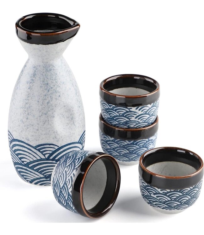 Sake Set Geschenkbox Blau Wellen Handgemacht - Miyako Set/5