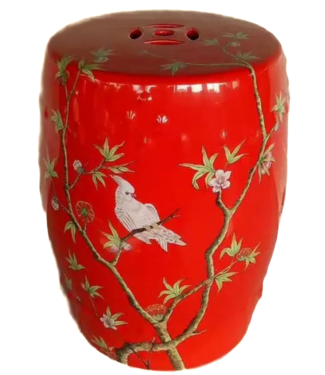 Fine Asianliving Keramik Hocker Rot Papageien Handgefertigt - Kaelin D30xH45cm
