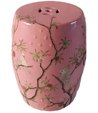 Fine Asianliving Keramik Hocker Rosa Papageien Handgefertigt - Feya D30xH45cm