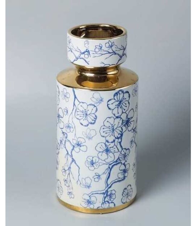 Chinese Vase Blue White Porcelain Blossoms with Gold Accent Handmade D14xH26cm