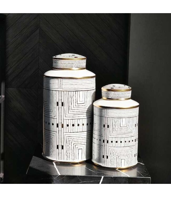 Tarro de Jengibre Chino Porcelana Blanco con Acento Dorado Geométrico Hecho a Mano D16xAl26cm