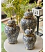 Tarro de Jengibre Chino Porcelana Azul Blanco Oro Hojas Hecho a Mano D22xAl40cm
