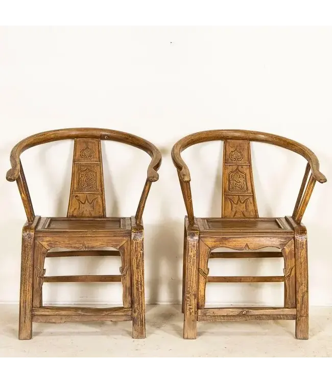Antique Pair of Chinese Arm Chairs Early 19th Century Hand-Carved