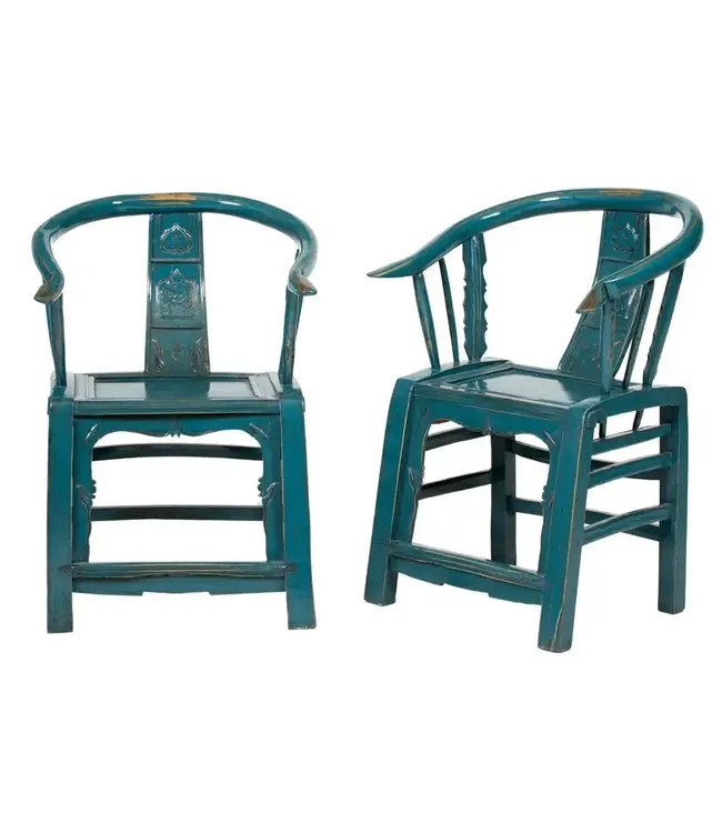 Antieke Chinese Stoelen met Armleuning Blauw High Gloss Set/2