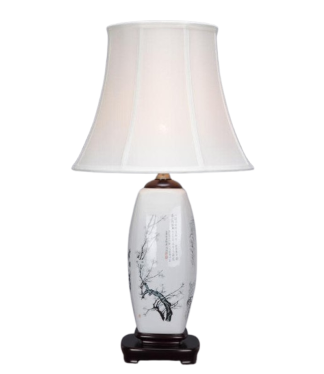 Lampada da Tavolo Cinese Porcellana Bianca con rami di fiori D40xH72cm