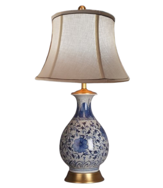 Fine Asianliving Chinese Table Lamp Porcelain Blue Flowers Craquelure D36xH68cm