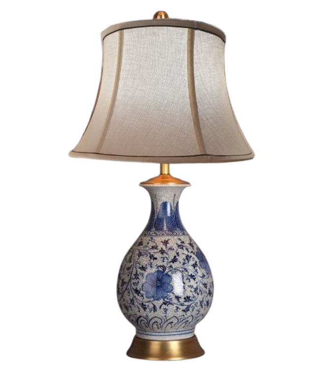 Chinese Table Lamp Porcelain Blue Flowers Craquelure D36xH68cm