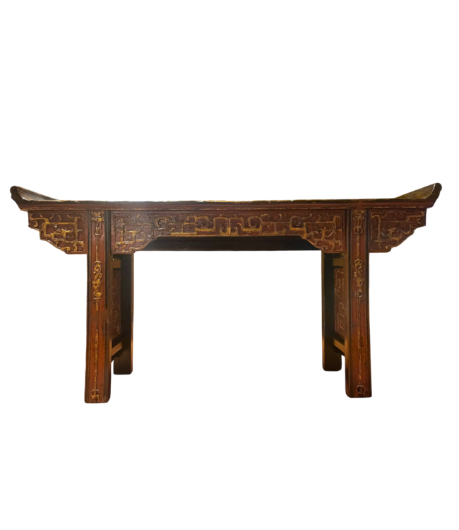Antike Chinesische Konsole Altartisch Braun Gold Rot Hangeschnitzt B195xT43xH92cm