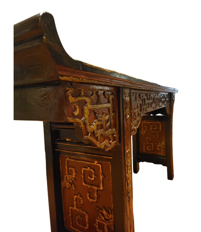 Tavolo da Altare Console Cinese Antico Marrone Oro Rosso Intagliato a Mano L195xP43xA92cm