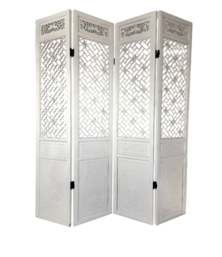 Fine Asianliving Paravent Chinois 4 Panneaux Blanc Sculpté à la Main L200xH230cm